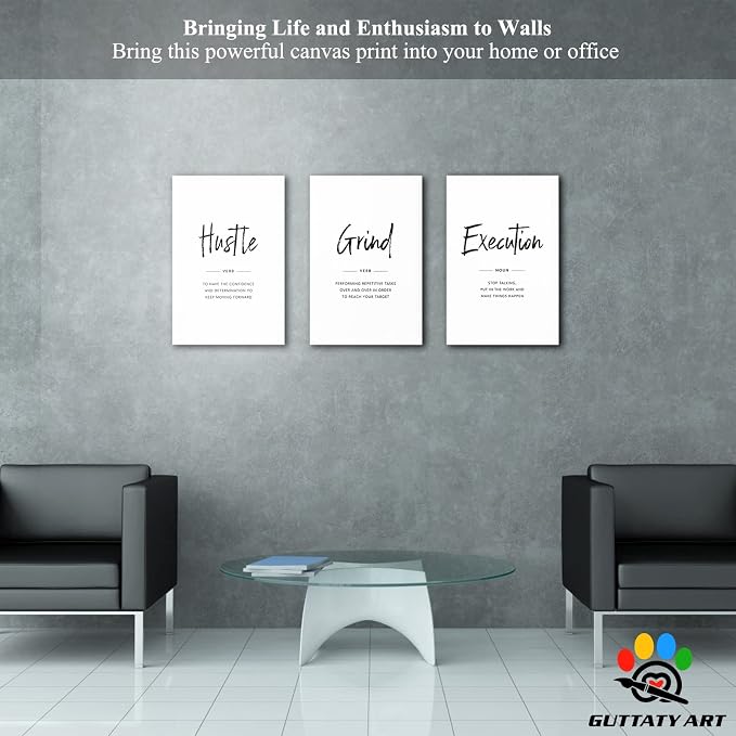 Office Wall Art - 3 Panel Motivational Wall Art, Inspirational Quotes Canvas Art for Home Office Wall Decor, Positive Quotes Wall Decor, Entrepreneur Grind Hustle Execution Poster Frame (16”x24”x3Pcs)