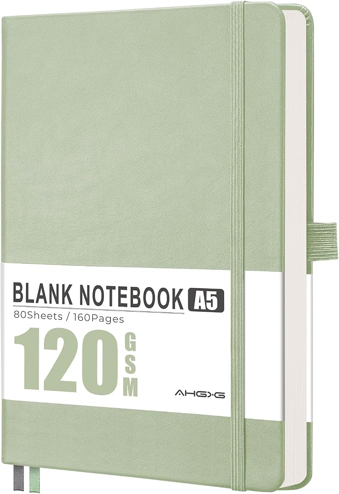 AHGXG Blank Journal Notebook, 160 Pages, A5 Medium Size (5.7'' x 8.3''), 120 GSM Thick Paper, Leather Hardcover, for Sketching, Drawing, Painting (Light Green)