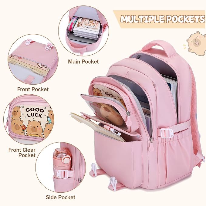 Capybara Backpack for Girls with Headphones - 4PCS Girls Backpack for Kindergarten Elementary Middle High School Travel - 3.5mm Wired Headphones Backpacks Back to School Gift(Pink)