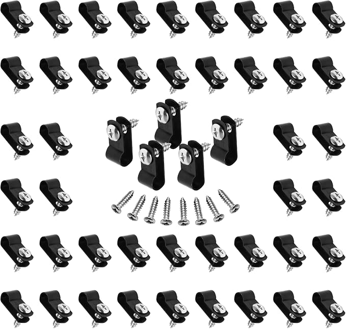 1/4 Inch Nylon Cable Clamps, Black, 60pcs R-Type Wire Cable Clips | M4 Screws Included, Screw Mounting Cord Fastener, Wire Conduit Clamp, for Wire Management