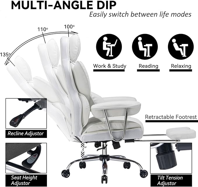 Efomao Big and Tall Office Chair, 400lbs Heavy Duty High Back Executive Chair with 23.6" Extra Wide Seat, PU Leather Desk Chair with Footrest and Padded Armrests, White