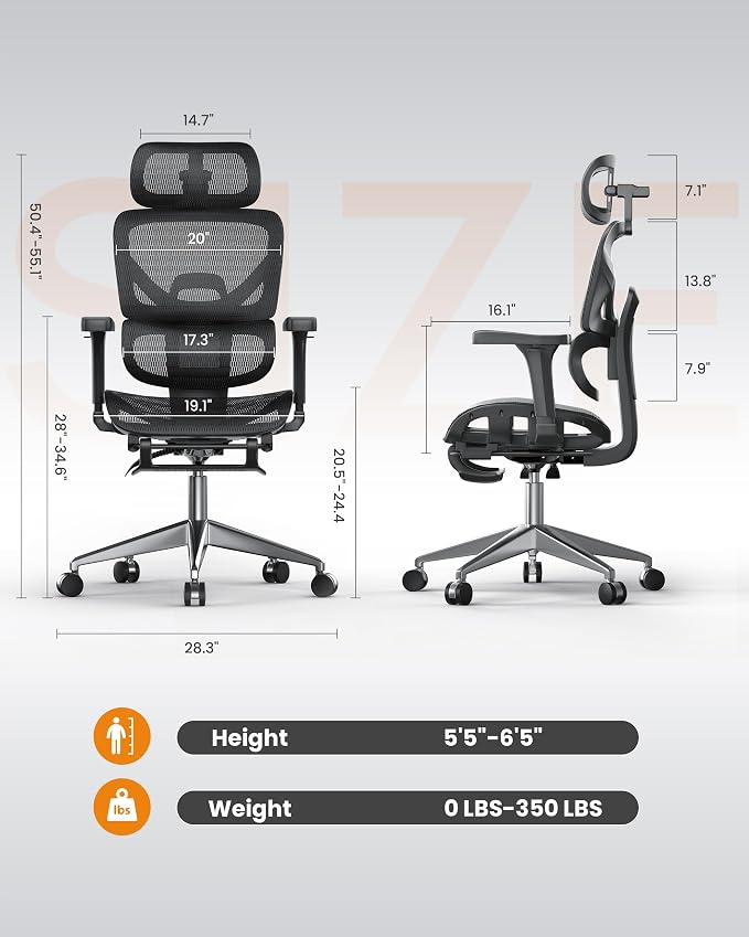 naspaluro Ergonomic Office Chair High Back for Home, Work and Gaming Black | Mesh Desk Chair with Adjustable Lumbar Support, 3D Headrest and Armrests, Footrest, Swivel Computer Chair 350lbs Capacity