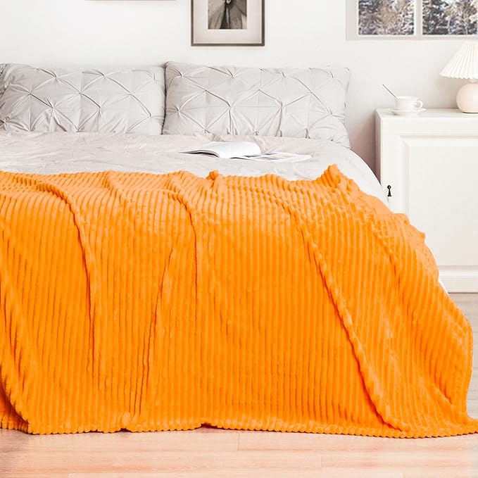 Vessia Flannel Fleece King Size Bed Blanket(108x90 inch), 300GSM Orange Striped Bed Blanket for Adults, Super Soft Warm Cozy Lightweight Ribbed Decor for All-Season