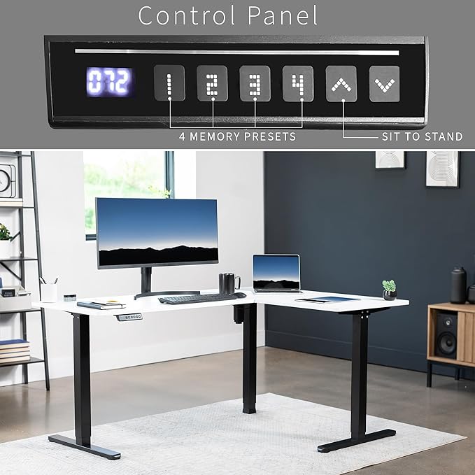 VIVO Corner Standing Desk, 63 x 47 inch Reversible L-Shaped Workstation, Electric Height Adjustment, Home, Office, and Reception Rooms, White Table Top Black Frame, DESK-E3CTBW-47