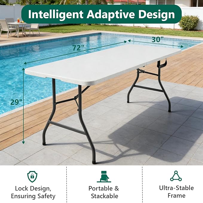 6FT Folding Table 2 Pack, Heavy Duty Plastic Table with Handel, 400 lbs Portable Table, Reinforced Steel Legs, Fold-in-Half Table Ideal for Parties, Picnics, Weddings, Camping White