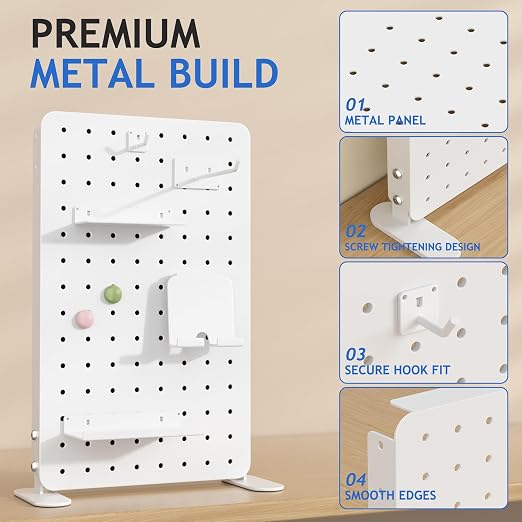 White Metal Desk Pegboard, 1 Pack Standing Organizer with Hooks | Freestanding 8.67 x 14.17 in panel with stands, hooks, shelves, phone holder and magnetic patches for desk storage