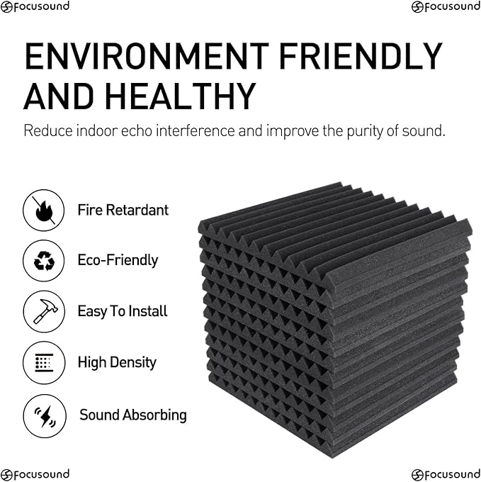 Focusound 50 Pack Acoustic Foam Panels 1" x 12" x 12" Sound Proof Foam Panles Soundproofing Noise Cancelling Wedge Panels for Home Office Recoding Studio with 300PCS Double-Side Adhesive