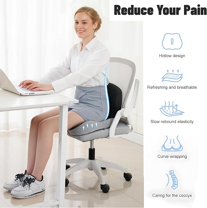 Memory Foam Seat Cushion for Truck Drivers, Office Chairs & Car Seats Back Support Sciatica Relief Pillow for Tailbone Ergonomic Pressure Relief Pad for Long Sitting & Driving