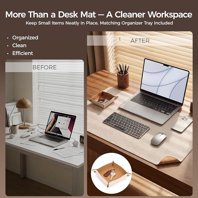 Premium Faux Leather Desk Mat & Tray Set，Innovative Cork-Look Printed Base，Gift Tube Packaging，Full-Desk Coverage，Non-Slip Desk Pad for Office Home（Warm Beige）