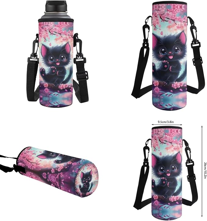 WELLFLYHOM 6-11 Kid 4 In 1 Cute Cat Bookbag Set, 17 Inch Cherry Blossom Backpack with Lunch Box for Girls, Back to School Supplies for Elementary Students, Mochila Para Niñas
