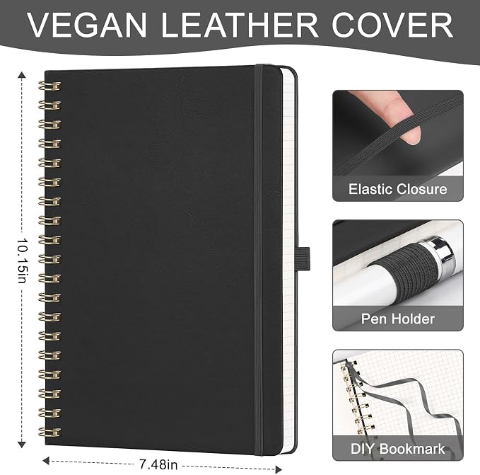 AHGXG Graph Paper Notebook - Spiral Notebook Hardcover Leather Journal 140 Pages, B5 Large Grid Notebook 7.6" x 10", 100 gsm Thick Paper, for School Writing Graphing Engineering Math, Black