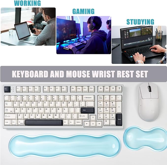 Ergonomic Silicone Gel Keyboard and Mouse Wrist Rest Set – Clear Wrist Rest for Keyboard 60%/68%/75%, Comfort & Support for Typing and Gaming (Blue)