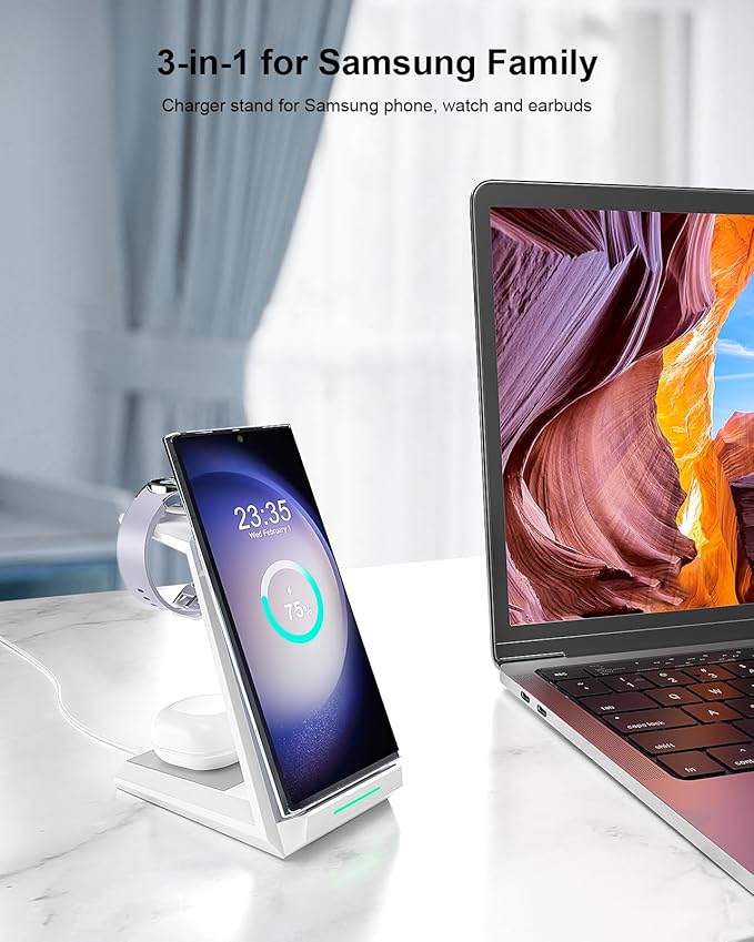 Wireless Charger for Samsung Charging Station, ADADPU 3 in 1 Charger Stand for Multiple Devices Fast Dock for Galaxy S25 S24 S23 Ultra S22 S21 Z Flip Fold 5, Samsung Watch 7/6/5/4/3/Pro, Galaxy Buds