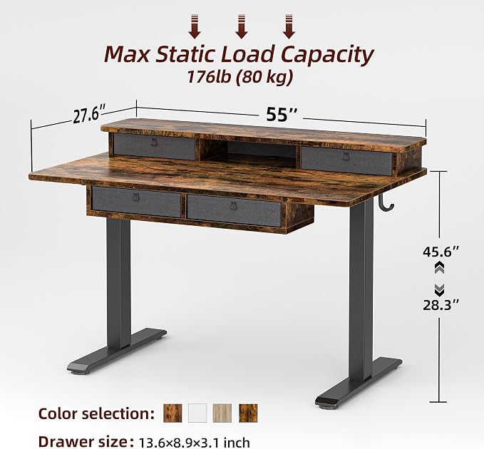 TIQLAB 55 * 28 Inch Standing Desk with Four Drawers, Electric Sit Stand Table, Stand Up Desk Adjustable Height with Storage Shelf, Splice Board, Deep Vintage