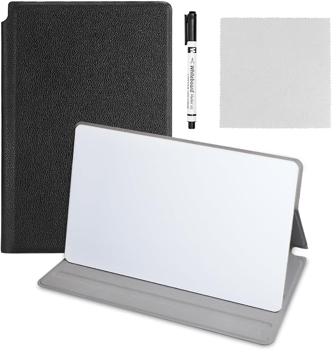 Portable Small Dry Erase Board with Stand, Reusable White Board Handheld Whiteboard Dry Erase Notebook, Standable Desktop Notepad, Home Office Study Essentials-PU Cover Writing Board 9.5" x 6.6"-Black