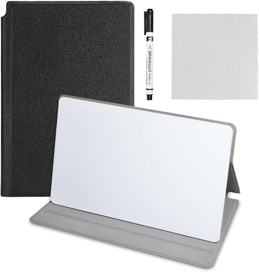 Portable Small Dry Erase Board with Stand, Reusable White Board Handheld Whiteboard Dry Erase Notebook, Standable Desktop Notepad, Home Office Study Essentials-PU Cover Writing Board 9.5" x 6.6"-Black