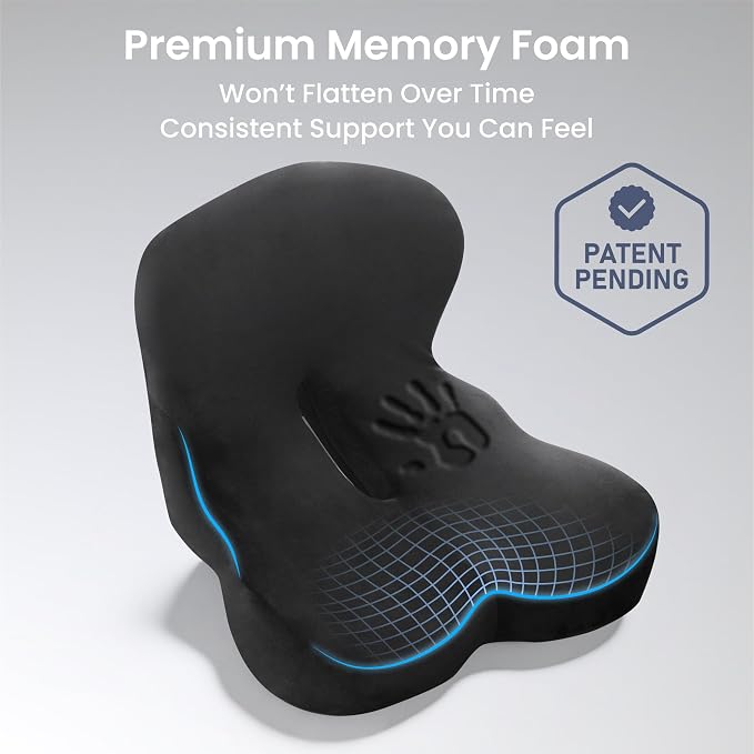 Alcedo Ergonomic Memory Foam Seat Cushion for Office Chair & Car Seat – Firm Back Support for Tailbone & Sciatica Pressure Relief, Non-Slip, Breathable & Washable Cover