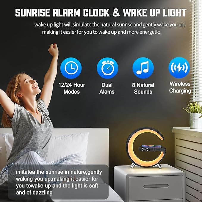 4 In 1 Smart LED Table Lamp, Alarm Clock, Wireless Charger, Night Light, Bluetooth Speaker with App Control, Bedside Lamp for Bedroom, Office, Home Decor, Family, Girls Boys Birthday Festival Gifts