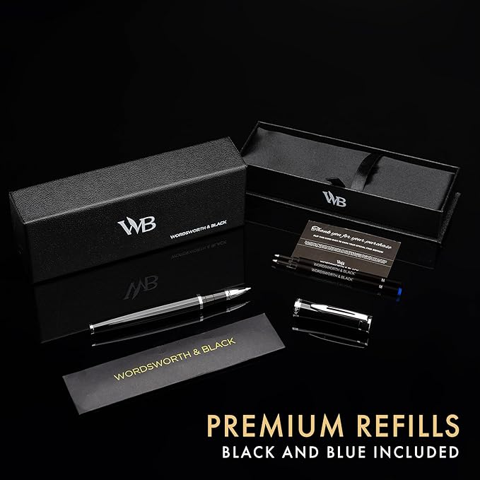 Wordsworth and Black Rollerball Pen - Luxury Pen - Chrome Finish, Black Lacquer, Ink Refill, Refillable, Gift for Men & Women, Professional Writing, Nice and Fancy Pens and for Work