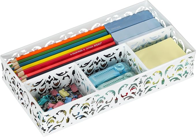 EasyPAG Desk Drawer Organizer with 4 Compartments, Carved Hollow Floral Metal Tray for Office, Jewelry, Cosmetics - No Assembly, White