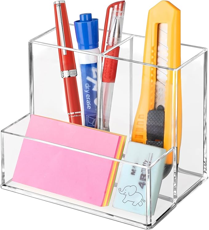 Pen Holder for Desk, Clear Acrylic Pencil Holder for Desk, Marker Holder with 3 Compartments, Pencil Organizer for Home, Office, Classroom, Bathroom | for Desk