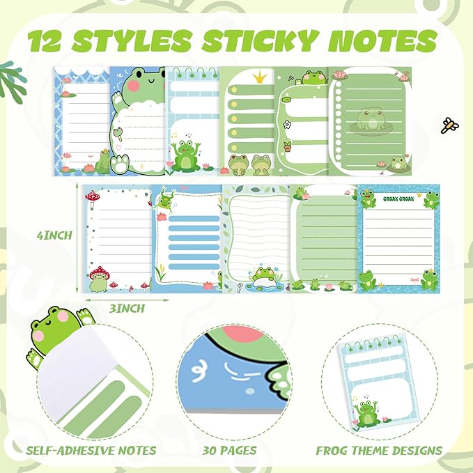 12 Pack Frog Sticky Notes Gifts Cute Frog Sticky Notes 3x4 Inch Cartoon Funny Self Stick Notepads Novelty Animals Post Pads Favors for Women Men Office Supplies Home Christmas Small Gifts