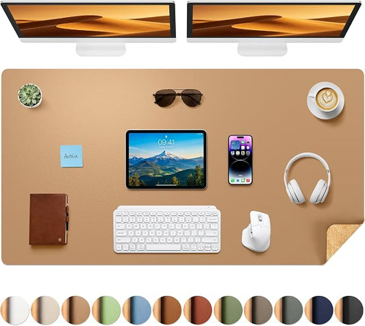 Aothia Cork Desk Mat - Dual-Sided XL PU Leather Desk Pad & Full Desk Protector, Large Waterproof Desktop Mat for Office & Gaming (47" x 23.6", Apricot)