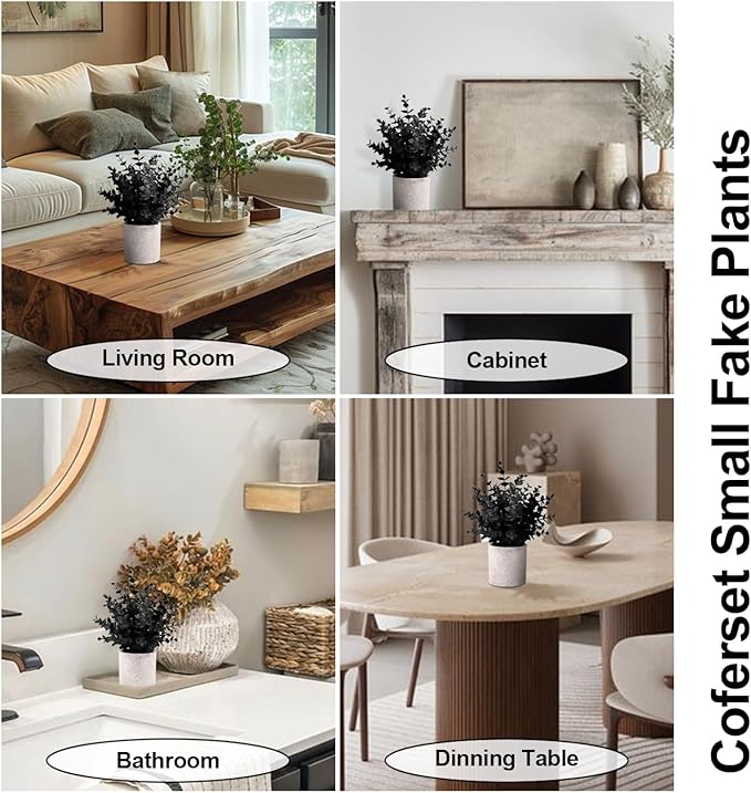 2 Pack Black Fake Eucalyptus Small Fake Plants Potted Artificial Plants for Halloween Shelf Desk Home Farmhouse Room Coffee Table Decor Bathroom Decor (Black)