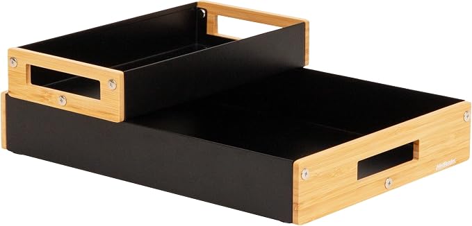 Mind Reader Metal and Wood Tiered Desktop Organizer Trays with Cutout Handles, Stackable Office Storage, Office, Entryway, Coffee Station and Home Organization, Metal and Wood, Set of 2, Black