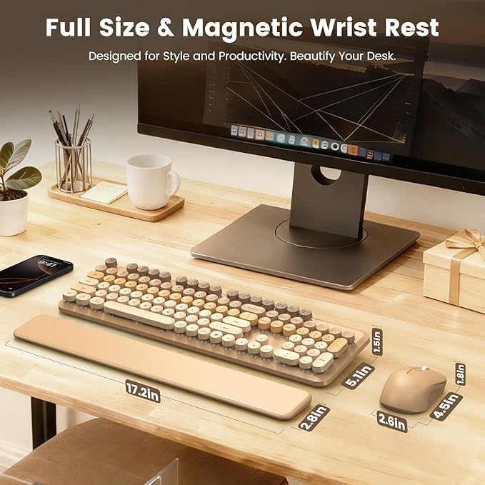 Wireless Keyboard and Mouse Combo, Cute Retro Typewriter Keyboard with Round Keycaps, Full-Size Aesthetic Keyboard with Magnetic Wrist Rest, 2.4GHz USB for Windows/Mac Desktop Laptop (Latte Gradient)