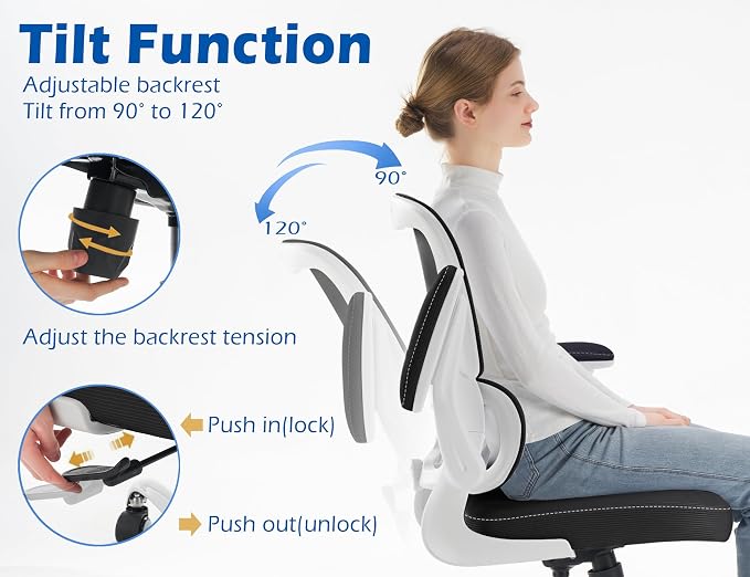 TRALT Ergonomic Office Chair - Desk Chair with Adjustable Lumbar Support Computer Chair - Mesh Comfy Chair with Flip-up Armrests - Gaming Chairs for Adults Home Office (PU Leather, Black White)