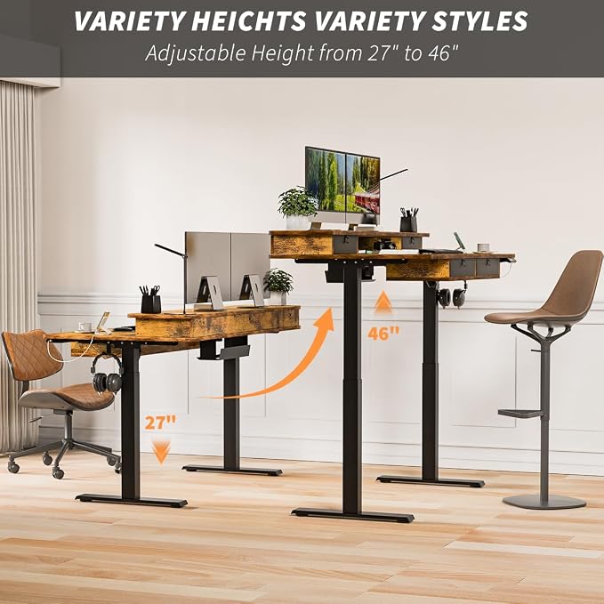 Kingant Electric Standing Desk with 4 Drawers,USB Charging Ports 63"x 30" | Ergonomic Height Adjustable Large Workstation, Heavy-Duty Sit Stand Up Desk For Home Office Daily Work,Rustic Brown