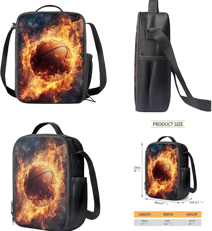 Fire Basketball Kids Backpack Large Capacity School Bag Book Bag for Kindergarten Boys Book Bag 3pcs School Bag Set with Lunch Box Pencil Case Back To School Supplies
