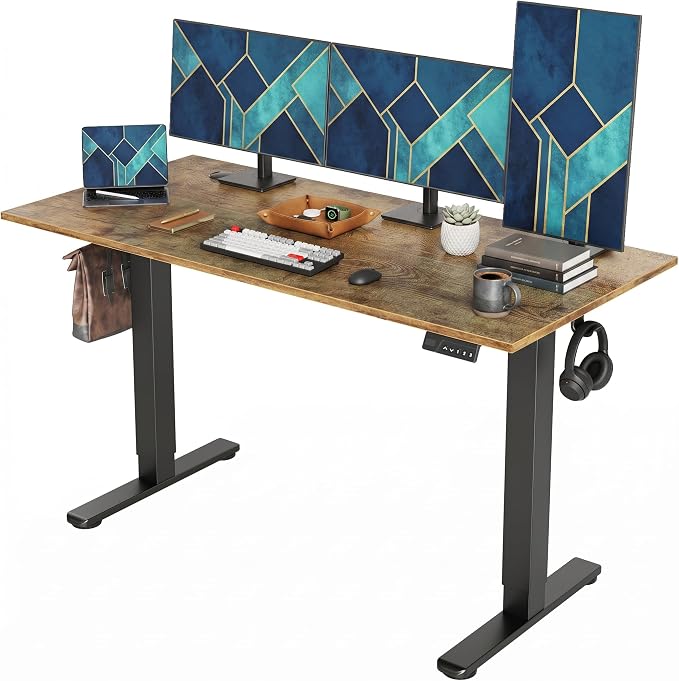 Claiks Electric Standing Desk 55x24 Inch Adjustable Desk, Rustic Brown | 156lbs weight capacity, 3 memory presets, industrial steel frame, cable management hub, adjustable height , easy assembly