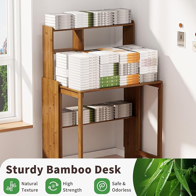 Bamboo Folding Desk for Small Spaces with Storage, Mid Century Foldable Desk with Bookshelf, Small Desks with Storage for Home Office Bedroom, Brown