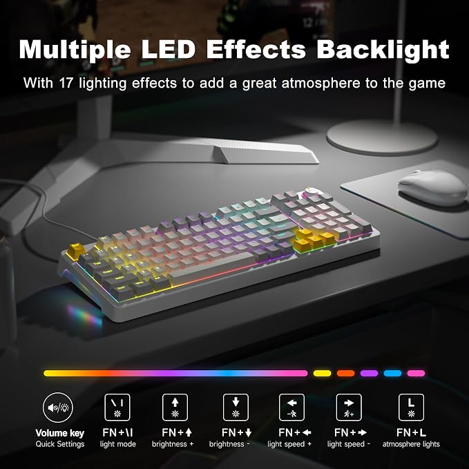 GEEZER AK96 Mechanical Gaming Keyboard, Pre-Lubed Red Switches, 96 Keys Full Size with LED Colorful Backlit, Clicky Creamy Sound, USB Wired Computer Keyboard with Volume Knob for PC, Mac, Windows