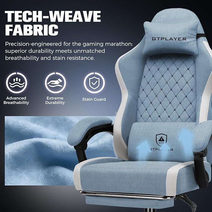 GTPLAYER Big and Tall Gaming Chair 350lbs Heavy Duty Office Chair with Foot Rest, High Back Pocket Spring Ergonomic Computer Chair for Adults,Wide Comfy Seated Cushion with Linkage Armrests,Light Blue