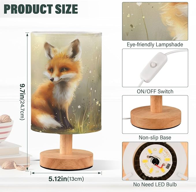 Table Lamp Cute Fox Floral Woodland Nightstand Lamp with Wood Base Fabric Lamp Shade Bedside Desk Lamp for Living Room Bedroom Kids Room Office