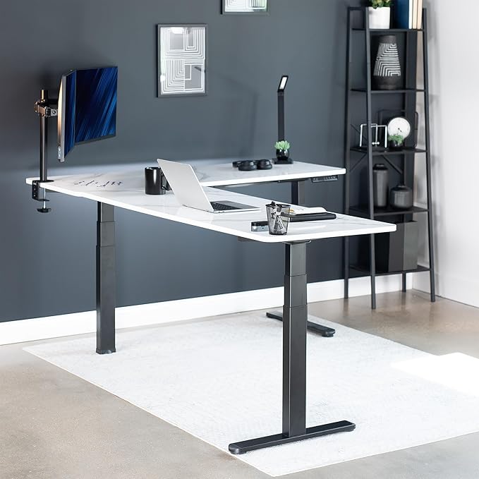 VIVO Electric Height Adjustable 83 x 60 inch Corner Stand Up Desk, 2 White Marble Dry Erase Solid Table Tops, Black Frame, Memory Controller, L-Shaped Workstation, 3E Series, DESK-KIT-3E8BWM