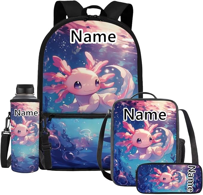 WELLFLYHOM Personalized Axolotl Jellyfish Kids School Backpack Girls 6-8 Years Old Custom 4 Pcs Book Bag with Lunch Box Pencil Case Water Bottle Sleeve for Elementary Primary School Blue