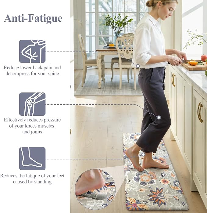 LEEVAN Anti Fatigue Kitchen Mats for Floor, Cushioned Kitchen Mat Set 2PCS | 17.3"x29"+17.3"x47", Boho Floral Blue Gray Kitchen Rugs Non-Slip, Waterproof Ergonomic Standing Mat for Laundry, Office, Sink