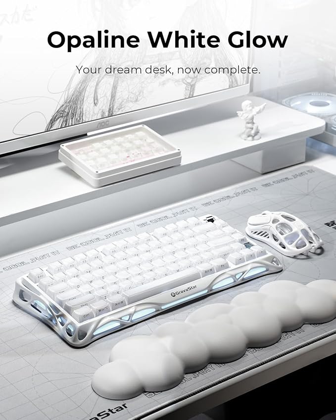 GravaStar Mercury K1 75% White Wireless Keyboard, Aluminum Alloy Exoskeleton Design Mechanical Gaming Keyboard, Gasket Hot-Swap Socket, Linear Switches, RGB Backlit【Opaline White】