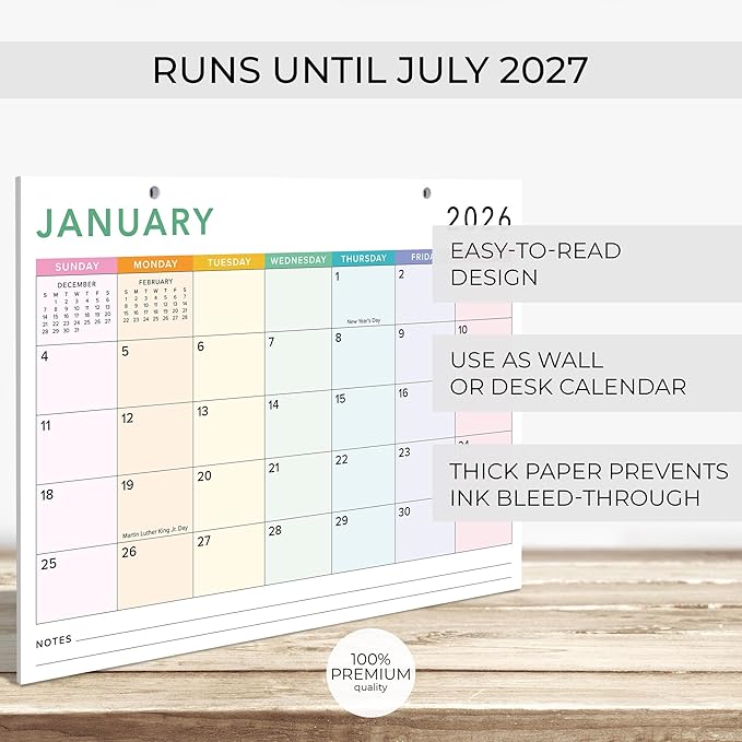 Colorful 2026 Desk Calendar - Runs From January 2026 Until July 2027 - Large Easy to Track Office Desktop/Wall Calendar 16"x12" for Effortless Organizing