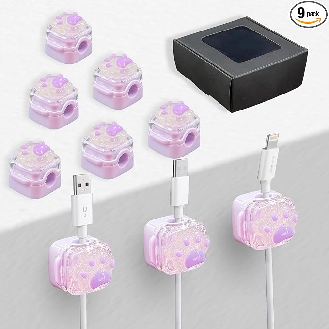 9Pack Magnetic Cable Clips for Nightstand, Adhesive Night-Glowing Cord Holder Organizer for Office Home Desk Wall Car (Purple,Cat)
