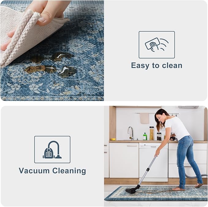 KIMODE Anti Fatigue Kitchen Mats for Floor, Boho Distressed Blue Kitchen Rugs Sets of 2, Padded Kitchen Floor Mats Non Slip, Cushioned Standing Mats for Sink, Laundry, Desk 17"x59"+17"x29"