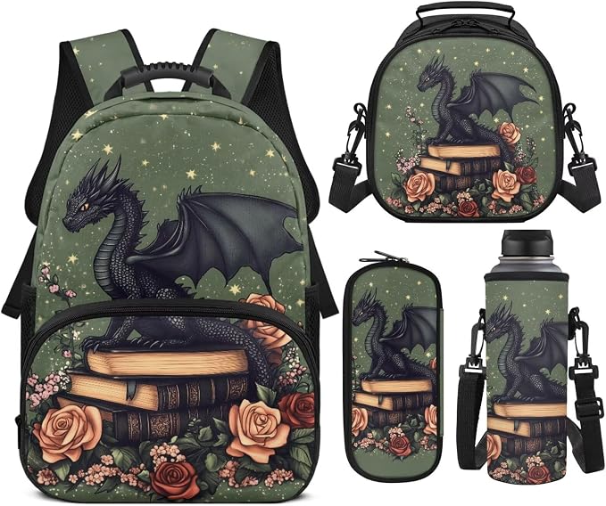 Black Dragon Backpack Set - Elementary School Backpacks for Boys Girls with Lunch Box - 17 Inch Book Lover Bookbag for Kids Ages 6-10 Back to School