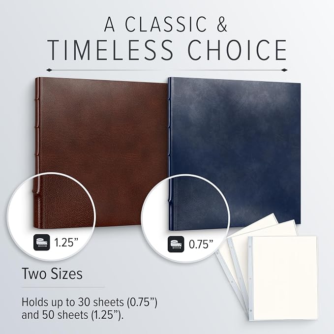 Gallery Leather 3 Ring Binder with Plastic Sleeves, Includes 10 Sheets, Sheet Size: 8.5" x 11" - Presentation Binder Rings with Hubbed Spine, Thick: 0.75" Belfast Black