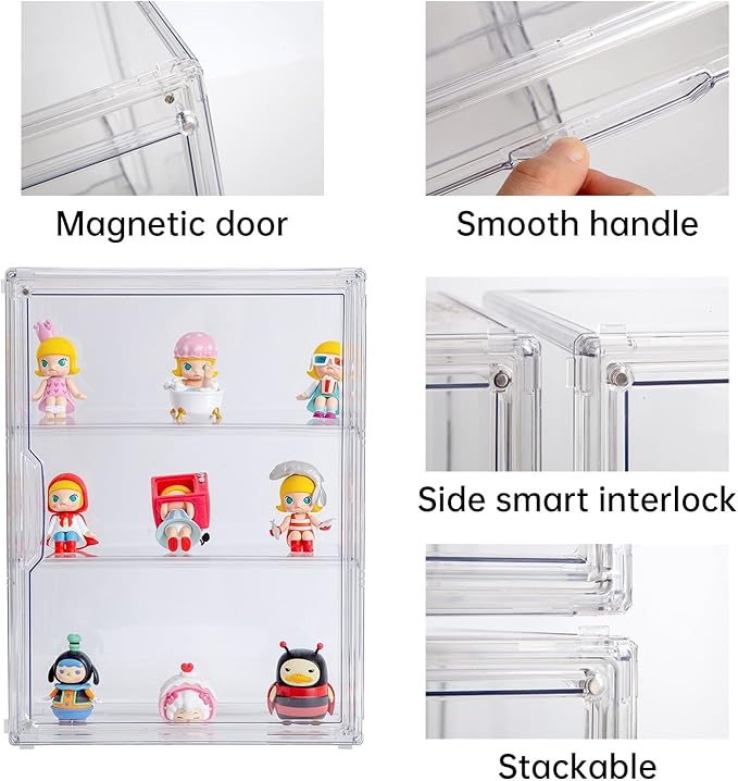 BOHOIDEE 3 Tiers Clear Display Case for Figures, Acrylic Storage Organizers Box with Magnetic Door, Wall-Mounted Dustproof Showcase for Collectibles Action Figure(4PACK Wall-Mounted Medium)