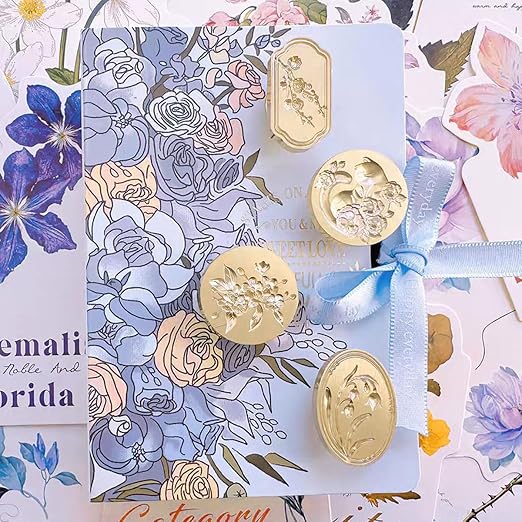 6pcs Flower Wax Seal Stamp Set with Removable Wooden Handle - Floral Wax Stamp Kit for Wedding, Birthday Party, Envelopes, Invitations, Gift Packing & Decoration