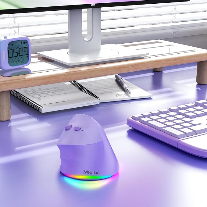 MEETION Left-Handed Mouse, Ergonomic Mouse Wireless Vertical Mouse, RGB Rechargeable Mice for Bluetooth(5.2 + 3.0) & USB, 4 Adjustable DPI for Mac/Windows/PC/Tablet/iPad Purple